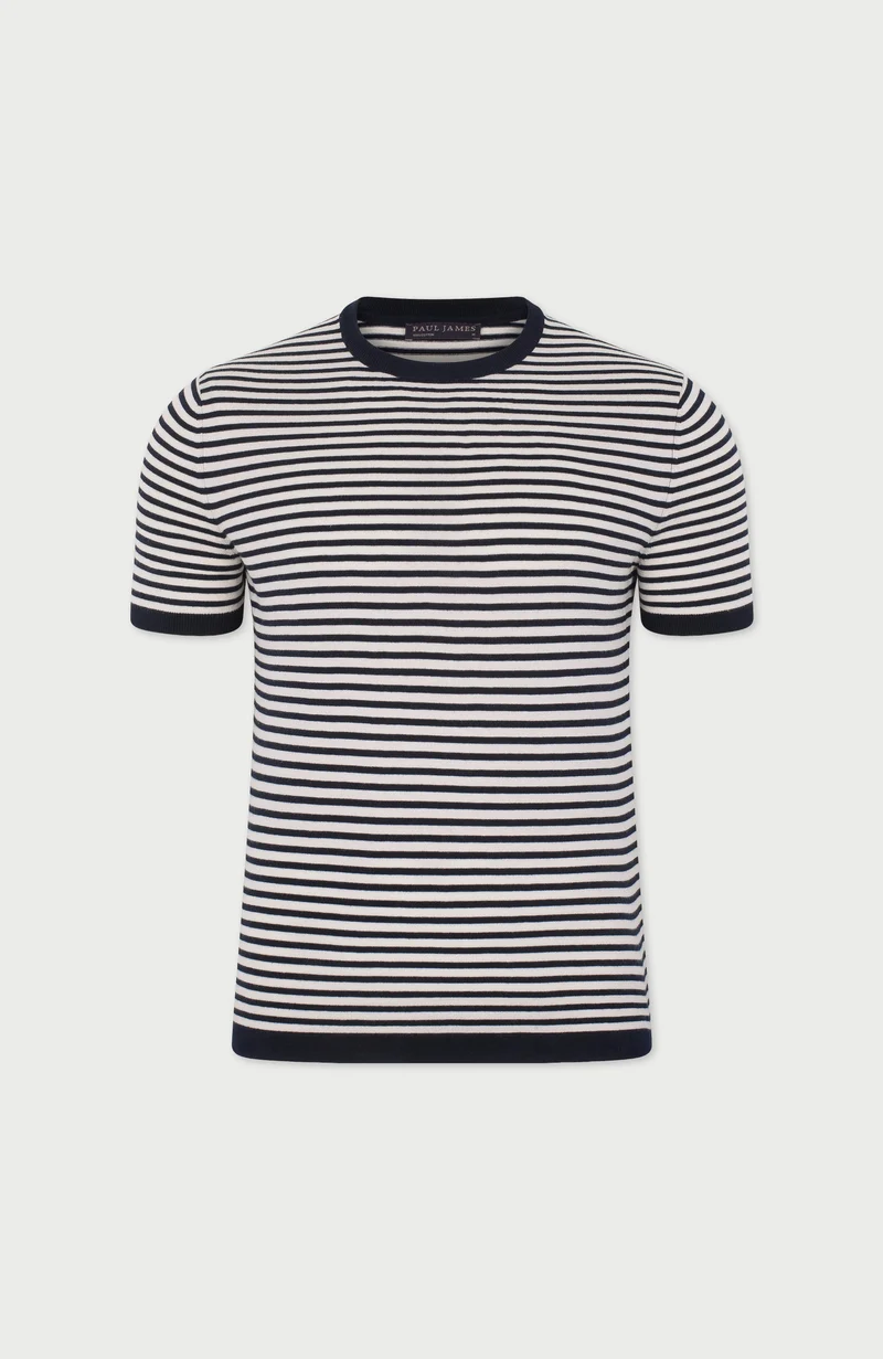 Herren-T-Shirt aus 100 % ultrafeiner Baumwolle, gestrickt, mit schmalen bretonischen Streifen