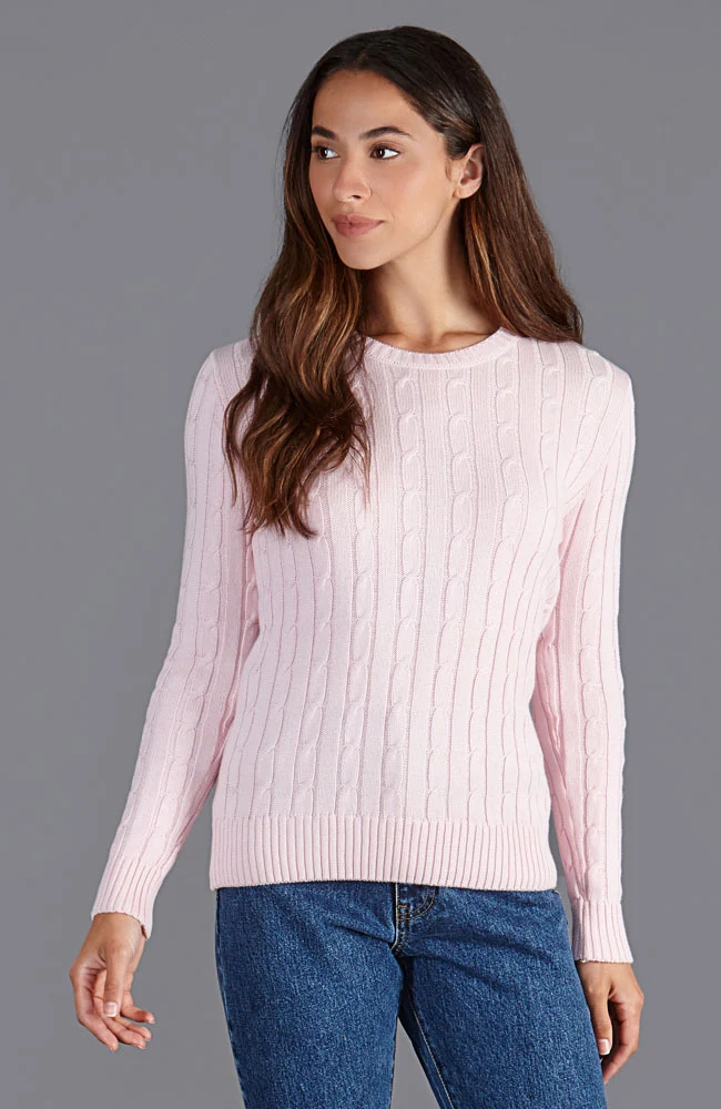 Damenpullover aus 100 % Baumwolle mit Rundhalsausschnitt und Zopfmuster