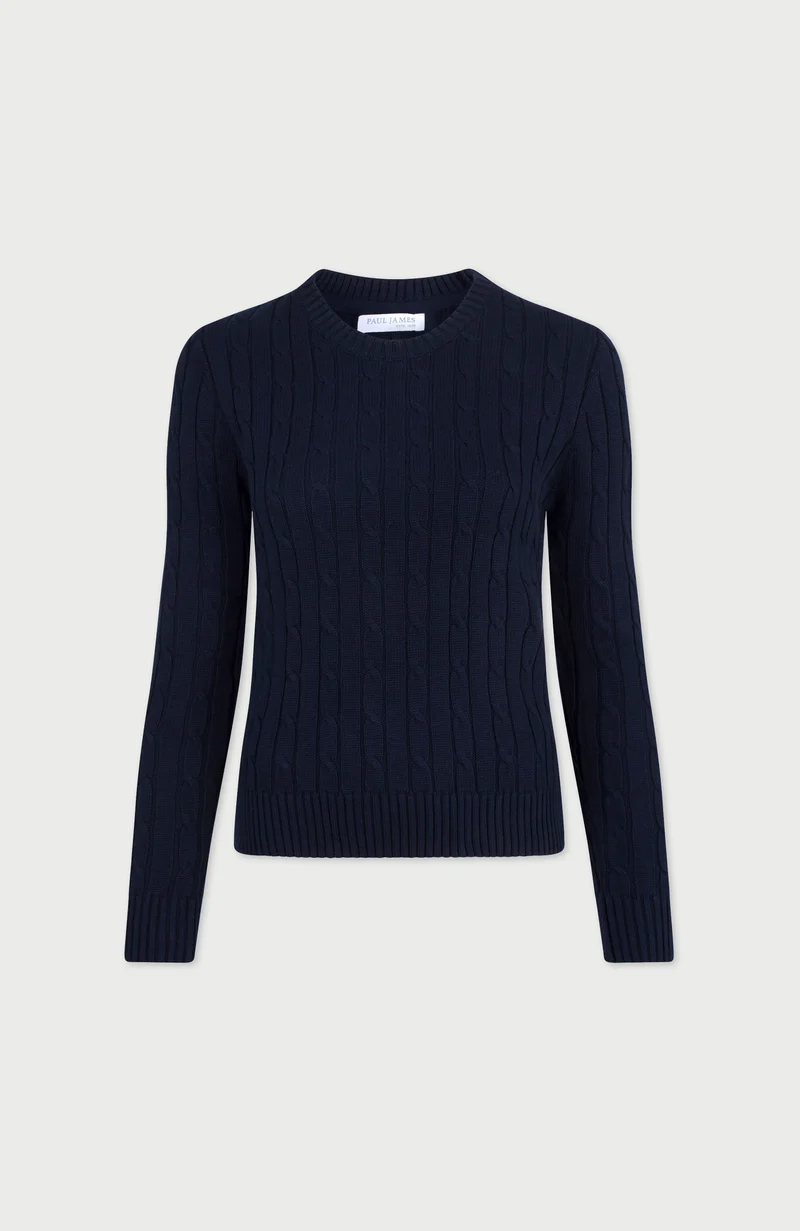 Damenpullover aus 100 % Baumwolle mit Rundhalsausschnitt und Zopfmuster