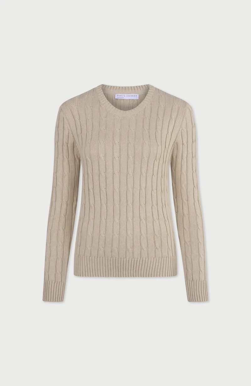 Damenpullover aus 100 % Baumwolle mit Rundhalsausschnitt und Zopfmuster