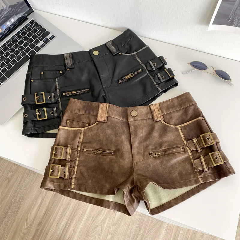 Damen Bermuda Shorts Hotpants Kurze Hose PU Leder Trendy Pants Clubwear