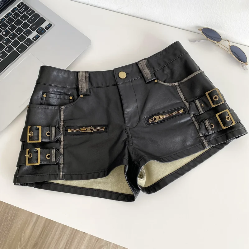 Damen Bermuda Shorts Hotpants Kurze Hose PU Leder Trendy Pants Clubwear