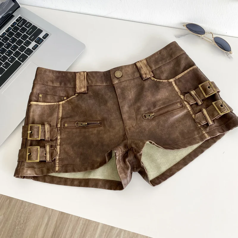 Damen Bermuda Shorts Hotpants Kurze Hose PU Leder Trendy Pants Clubwear