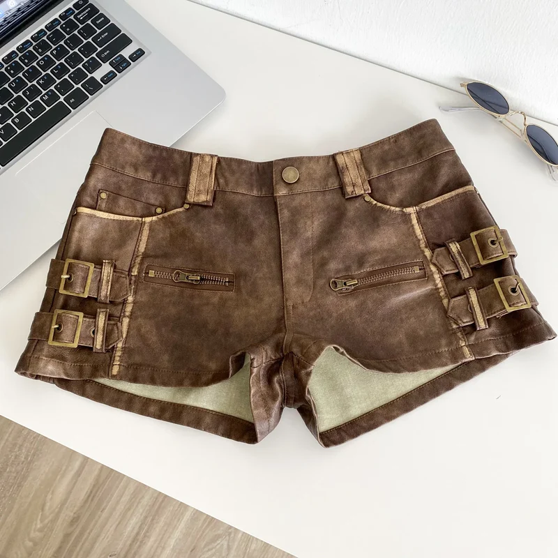 Damen Bermuda Shorts Hotpants Kurze Hose PU Leder Trendy Pants Clubwear