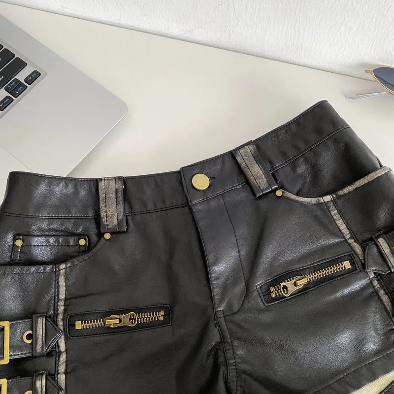 Damen Bermuda Shorts Hotpants Kurze Hose PU Leder Trendy Pants Clubwear