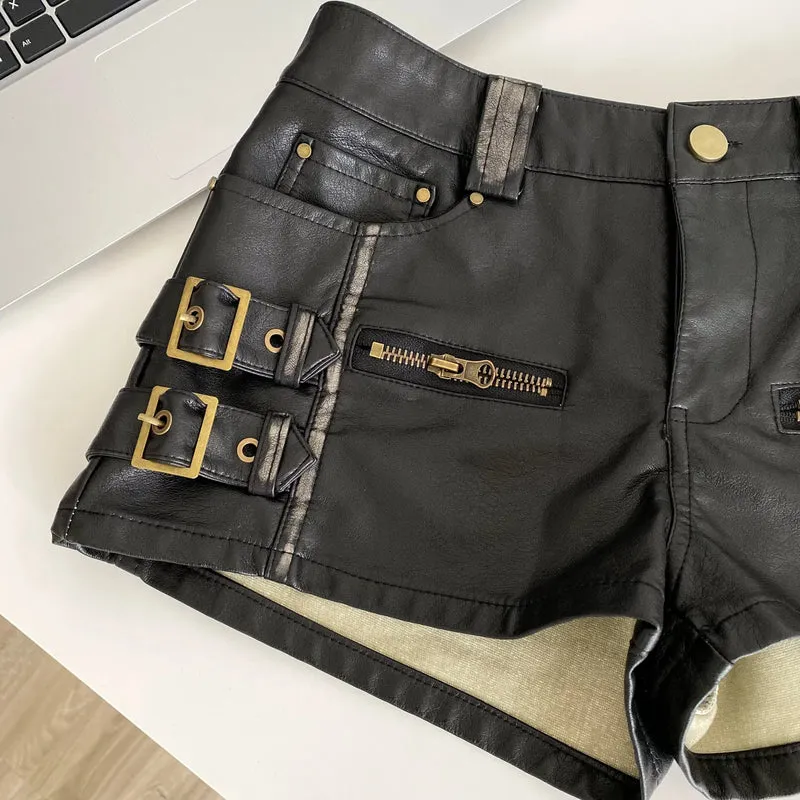 Damen Bermuda Shorts Hotpants Kurze Hose PU Leder Trendy Pants Clubwear