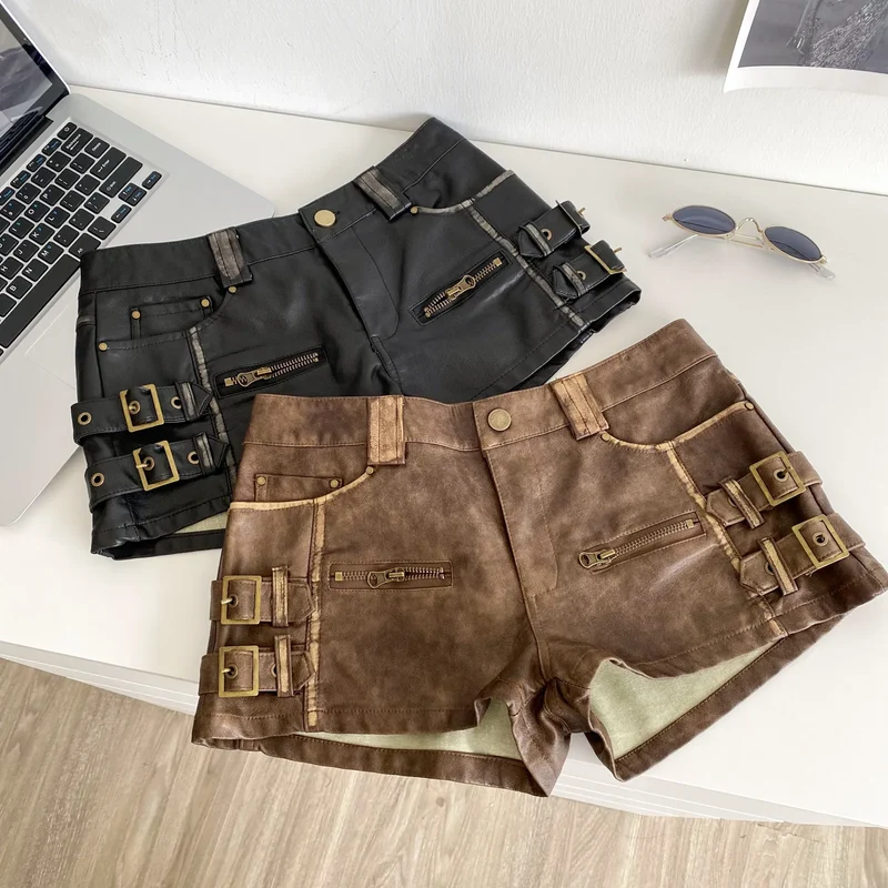Damen Bermuda Shorts Hotpants Kurze Hose PU Leder Trendy Pants Clubwear