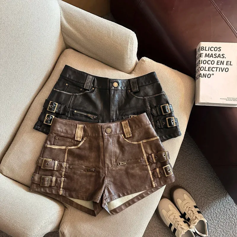 Damen Bermuda Shorts Hotpants Kurze Hose PU Leder Trendy Pants Clubwear