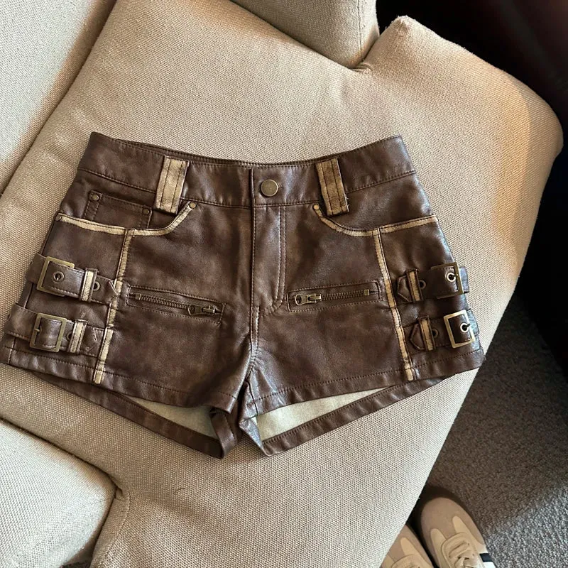 Damen Bermuda Shorts Hotpants Kurze Hose PU Leder Trendy Pants Clubwear