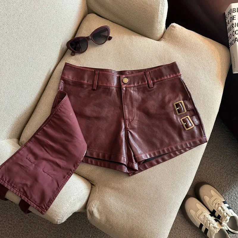 Damen Bermuda Shorts Hotpants Kurze Hose PU Leder Trendy Pants Clubwear