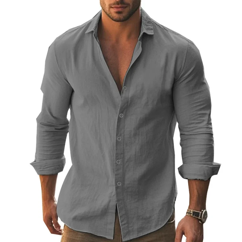Herren Poloshirt Leinenhemd Langarm T-Shirt Leinen Hemd Polohemd Freizeithemd