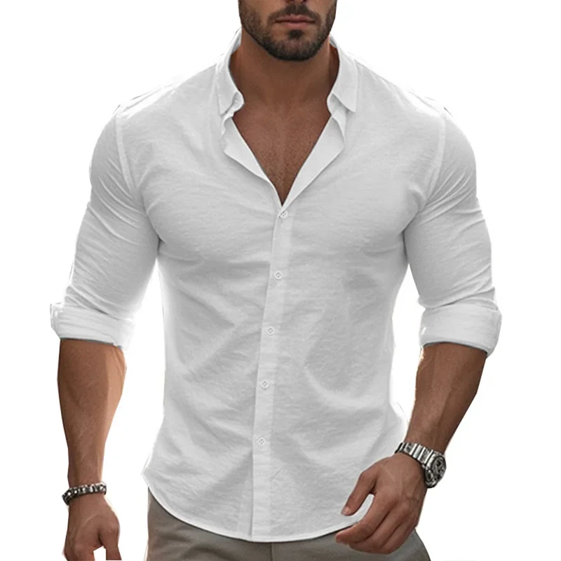 Herren Poloshirt Leinenhemd Langarm T-Shirt Leinen Hemd Polohemd Freizeithemd