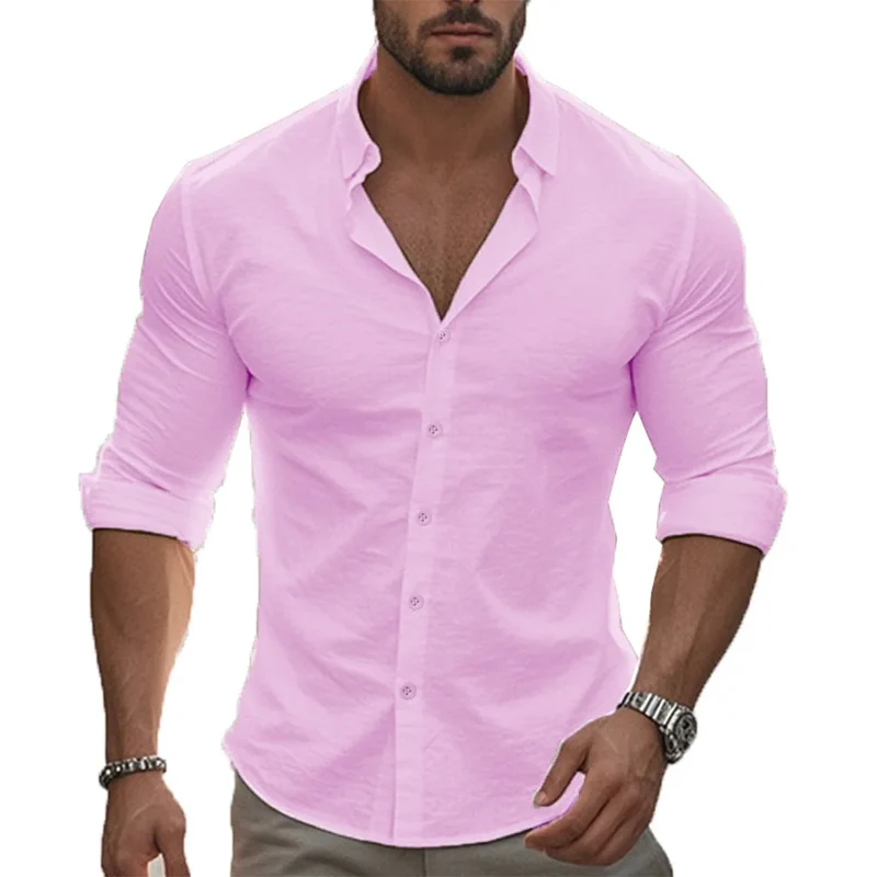 Herren Poloshirt Leinenhemd Langarm T-Shirt Leinen Hemd Polohemd Freizeithemd
