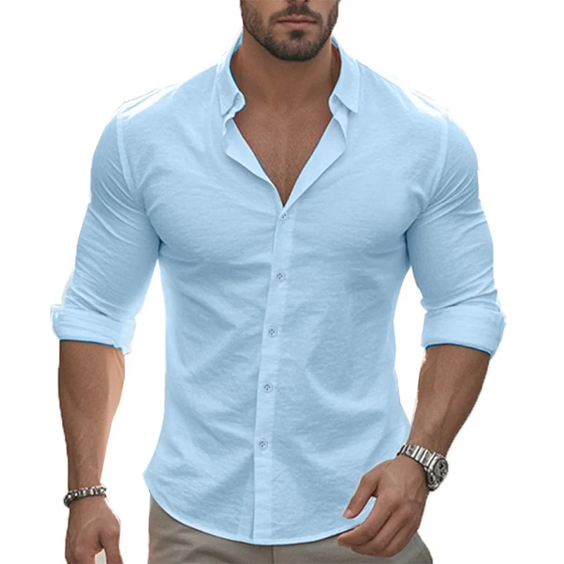 Herren Poloshirt Leinenhemd Langarm T-Shirt Leinen Hemd Polohemd Freizeithemd