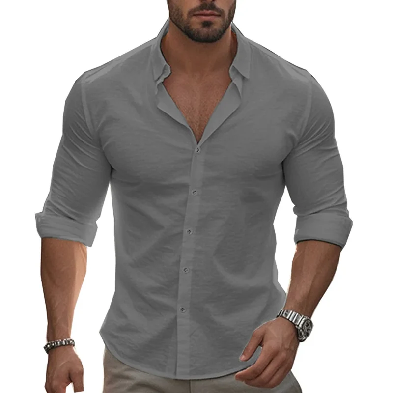 Herren Poloshirt Leinenhemd Langarm T-Shirt Leinen Hemd Polohemd Freizeithemd
