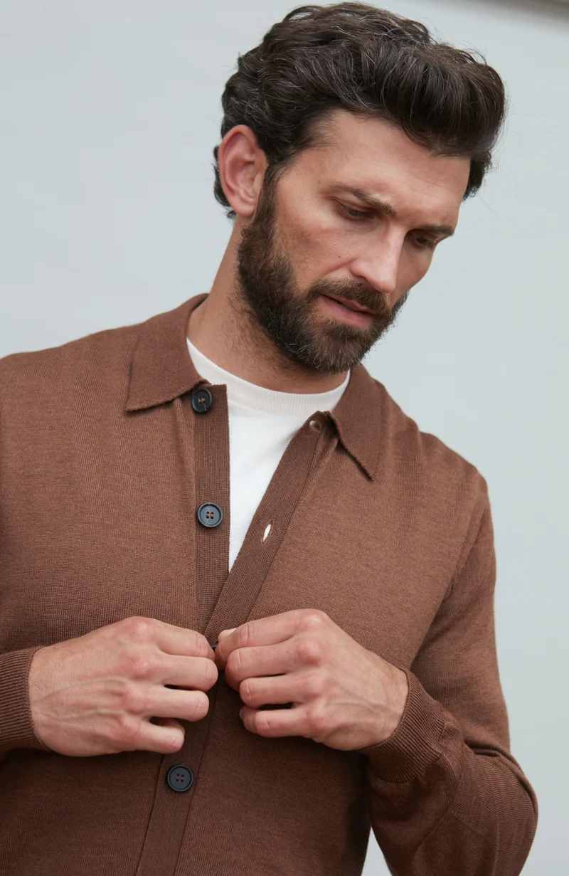 Mens Extra Fine Merino Wool Polo Cardigan