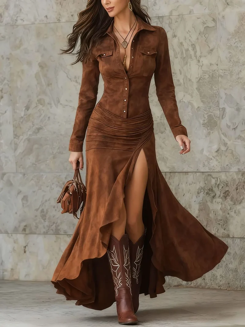 Damen Kleid mit Raffungen Partykleid Cocktail Abendkleid Retro Western Style