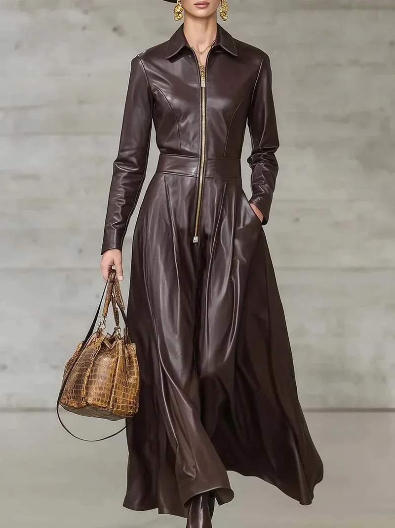 Damen Kleid PU Leder Partykleid Abendkleid Clubwear Maxikleid Etuikleid Western