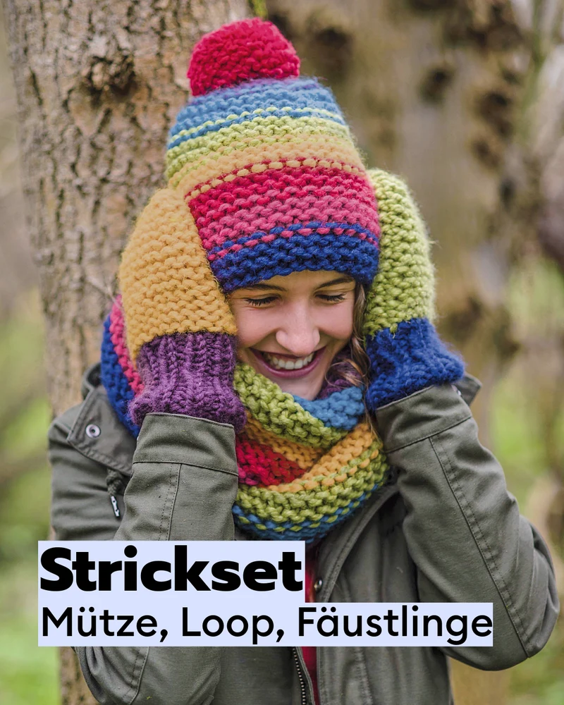 Strickset Mütze, Loop und Fäustlinge