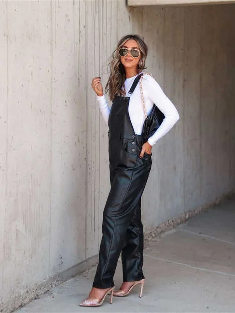 Damen Fashion Hose Latzhose Schlaghose PU Lederhose Flare Trägerhose Overall