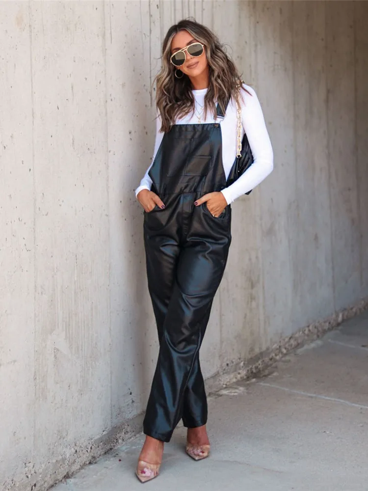 Damen Fashion Hose Latzhose Schlaghose PU Lederhose Flare Trägerhose Overall