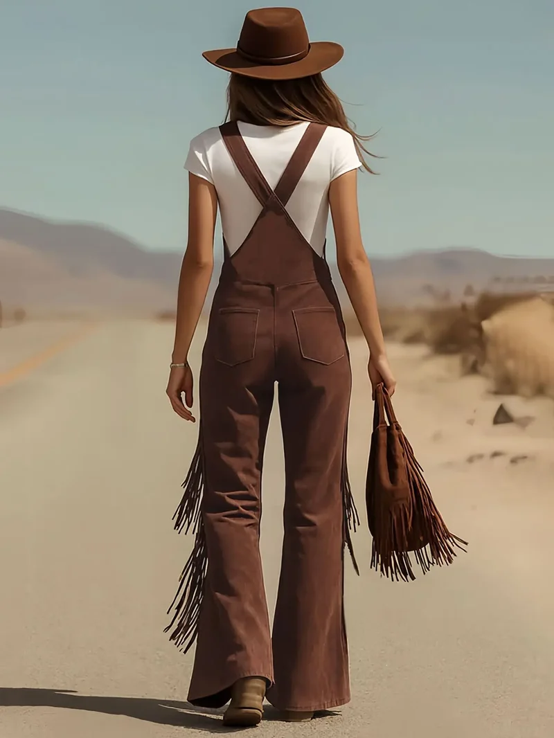 Damen Fashion Hose Latzhose Schlaghose Retro Western Flare Trägerhose Overall