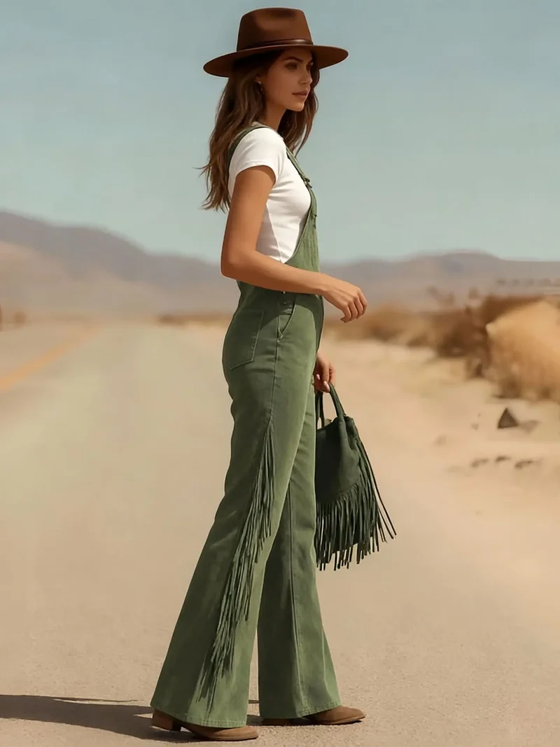 Damen Fashion Hose Latzhose Schlaghose Retro Western Flare Trägerhose Overall