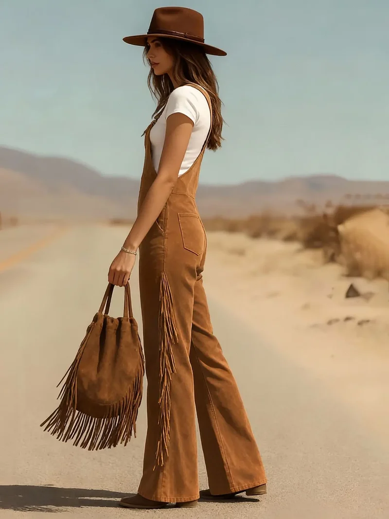 Damen Fashion Hose Latzhose Schlaghose Retro Western Flare Trägerhose Overall