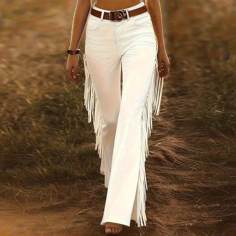 Sexy Damen Fashion Hose Kunst Lederhose Schlaghose Retro Western Flare Wildleder