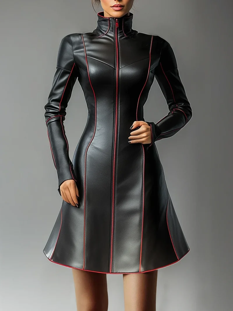 Damen Kleid PU Leder Partykleid Cocktail Abendkleid Sexy Clubwear Minikleid