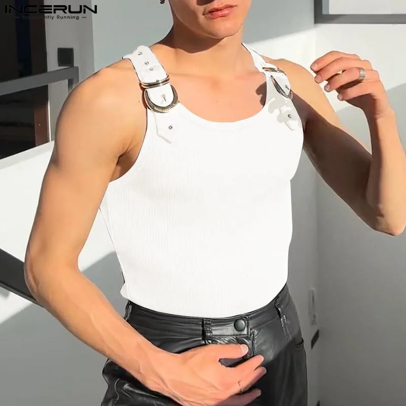 INCERUN Tops Amerikanischen Stil, Mode, Neue Männer Dekonstruktion Design Metall Schnalle Mesh Westen Casual Streetwear Männlich Solide Tank Tops