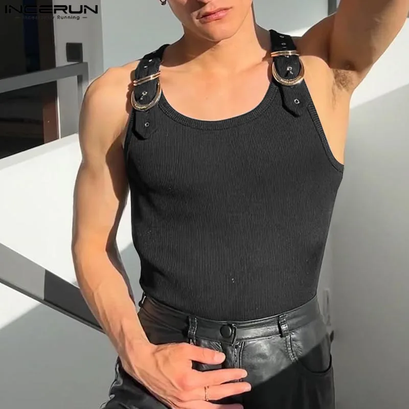 INCERUN Tops Amerikanischen Stil, Mode, Neue Männer Dekonstruktion Design Metall Schnalle Mesh Westen Casual Streetwear Männlich Solide Tank Tops