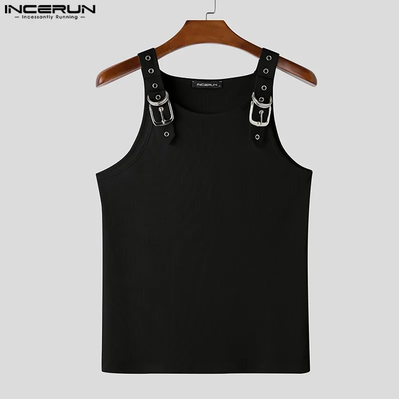 INCERUN Tops Amerikanischen Stil, Mode, Neue Männer Dekonstruktion Design Metall Schnalle Mesh Westen Casual Streetwear Männlich Solide Tank Tops