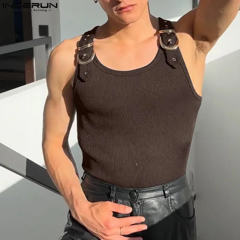 INCERUN Tops Amerikanischen Stil, Mode, Neue Männer Dekonstruktion Design Metall Schnalle Mesh Westen Casual Streetwear Männlich Solide Tank Tops