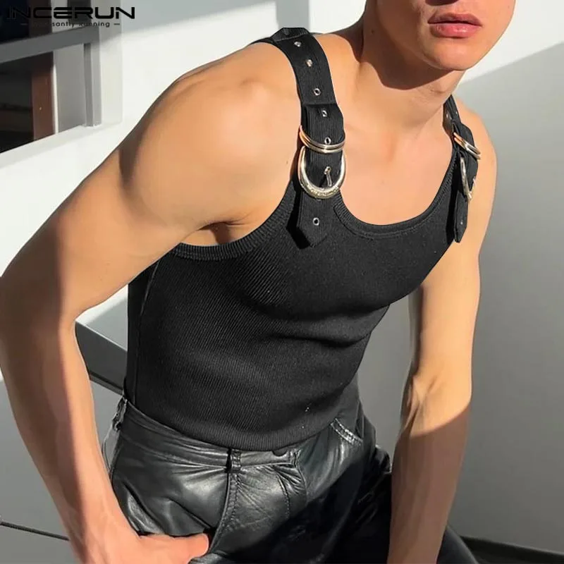 INCERUN Tops Amerikanischen Stil, Mode, Neue Männer Dekonstruktion Design Metall Schnalle Mesh Westen Casual Streetwear Männlich Solide Tank Tops