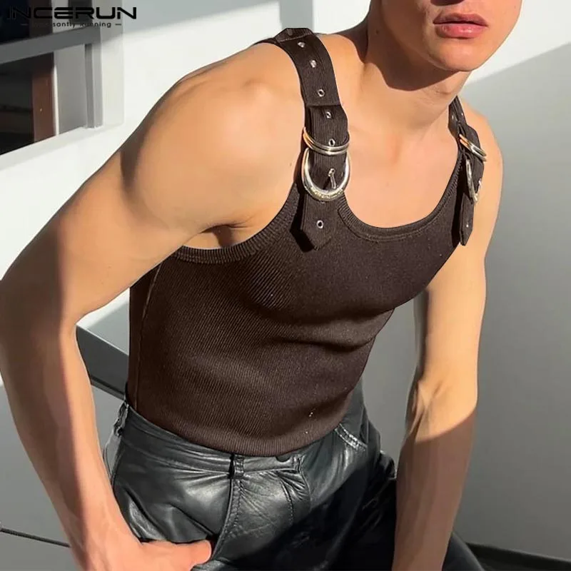 INCERUN Tops Amerikanischen Stil, Mode, Neue Männer Dekonstruktion Design Metall Schnalle Mesh Westen Casual Streetwear Männlich Solide Tank Tops