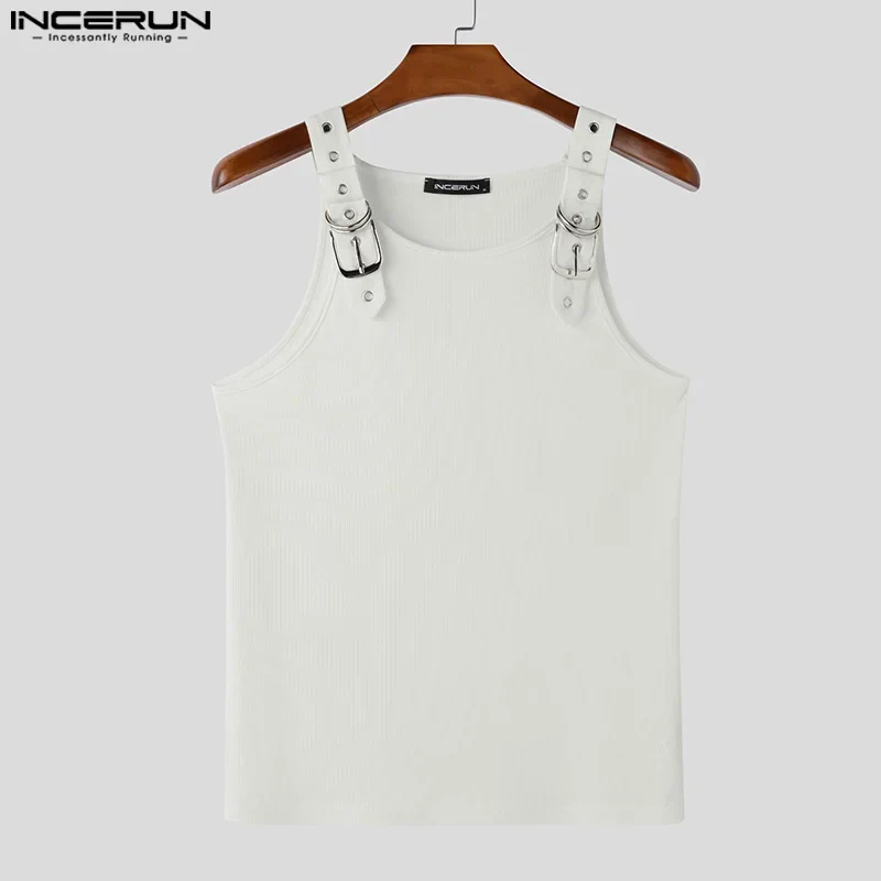 INCERUN Tops Amerikanischen Stil, Mode, Neue Männer Dekonstruktion Design Metall Schnalle Mesh Westen Casual Streetwear Männlich Solide Tank Tops