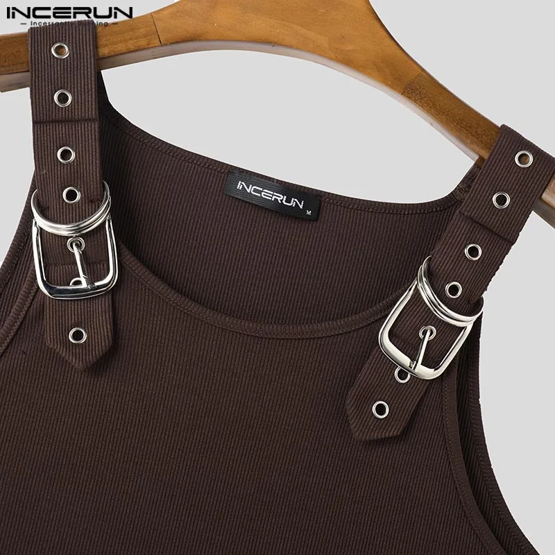 INCERUN Tops Amerikanischen Stil, Mode, Neue Männer Dekonstruktion Design Metall Schnalle Mesh Westen Casual Streetwear Männlich Solide Tank Tops