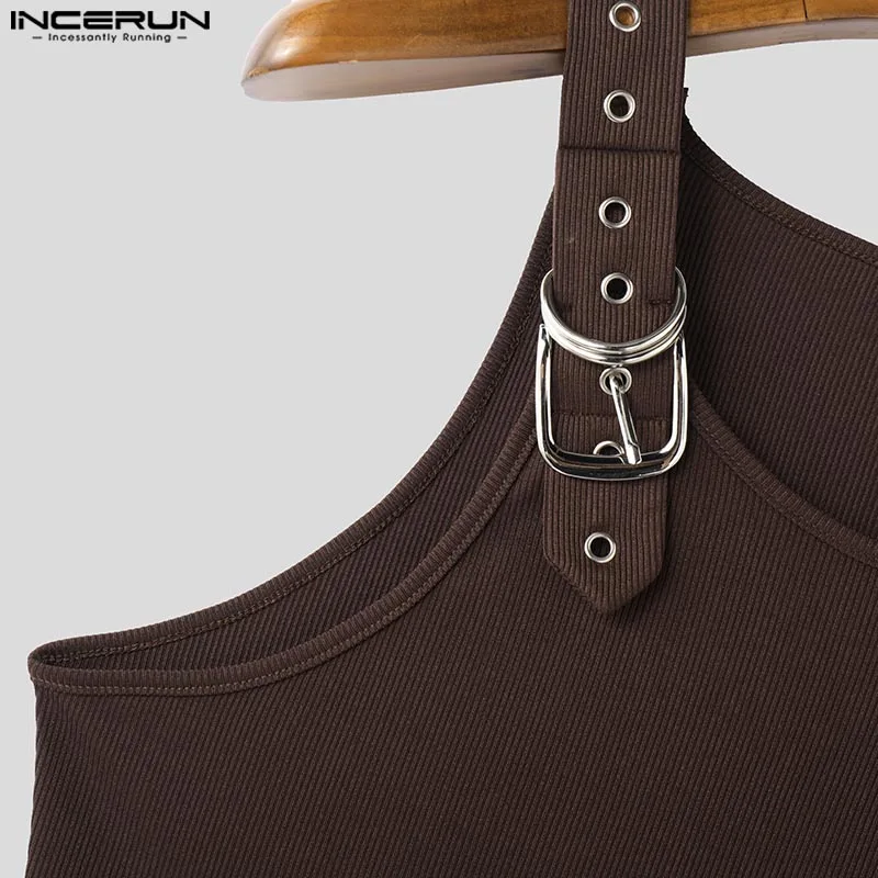 INCERUN Tops Amerikanischen Stil, Mode, Neue Männer Dekonstruktion Design Metall Schnalle Mesh Westen Casual Streetwear Männlich Solide Tank Tops