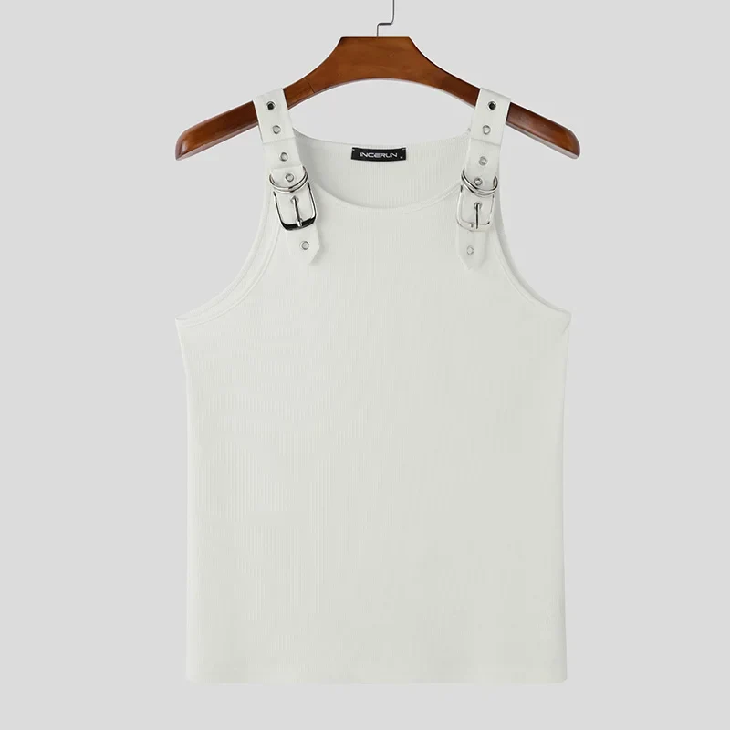 INCERUN Tops Amerikanischen Stil, Mode, Neue Männer Dekonstruktion Design Metall Schnalle Mesh Westen Casual Streetwear Männlich Solide Tank Tops