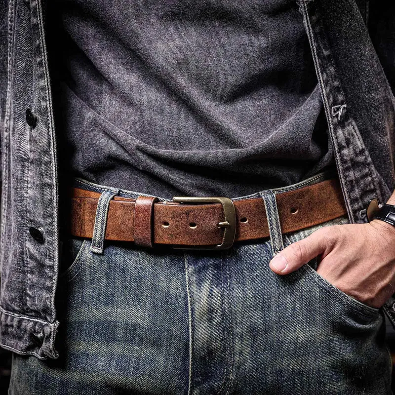 Jeans-Gürtel Herren Eckig Schnalle Echt Leder Gürtel Braun Breite Schnalle
