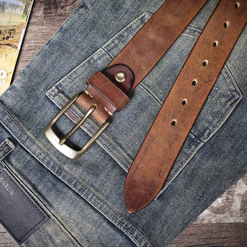 Jeans-Gürtel Herren Eckig Schnalle Echt Leder Gürtel Braun Breite Schnalle