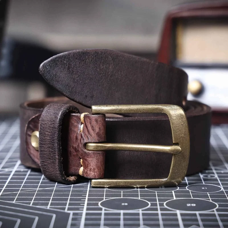 Jeans-Gürtel Herren Eckig Schnalle Echt Leder Gürtel Braun Breite Schnalle