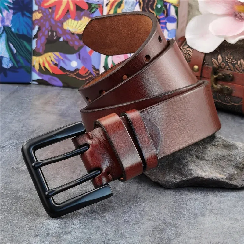 Jeans-Gürtel Herren Eckig Schnalle Echt Leder Gürtel Braun Breite Schnalle