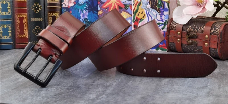Jeans-Gürtel Herren Eckig Schnalle Echt Leder Gürtel Braun Breite Schnalle