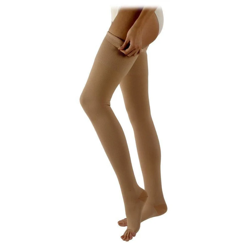 Sigvaris Natural Rubber Thigh High 30-40 mmHg, Open Toe w/ Silicone Beaded Grip-Top