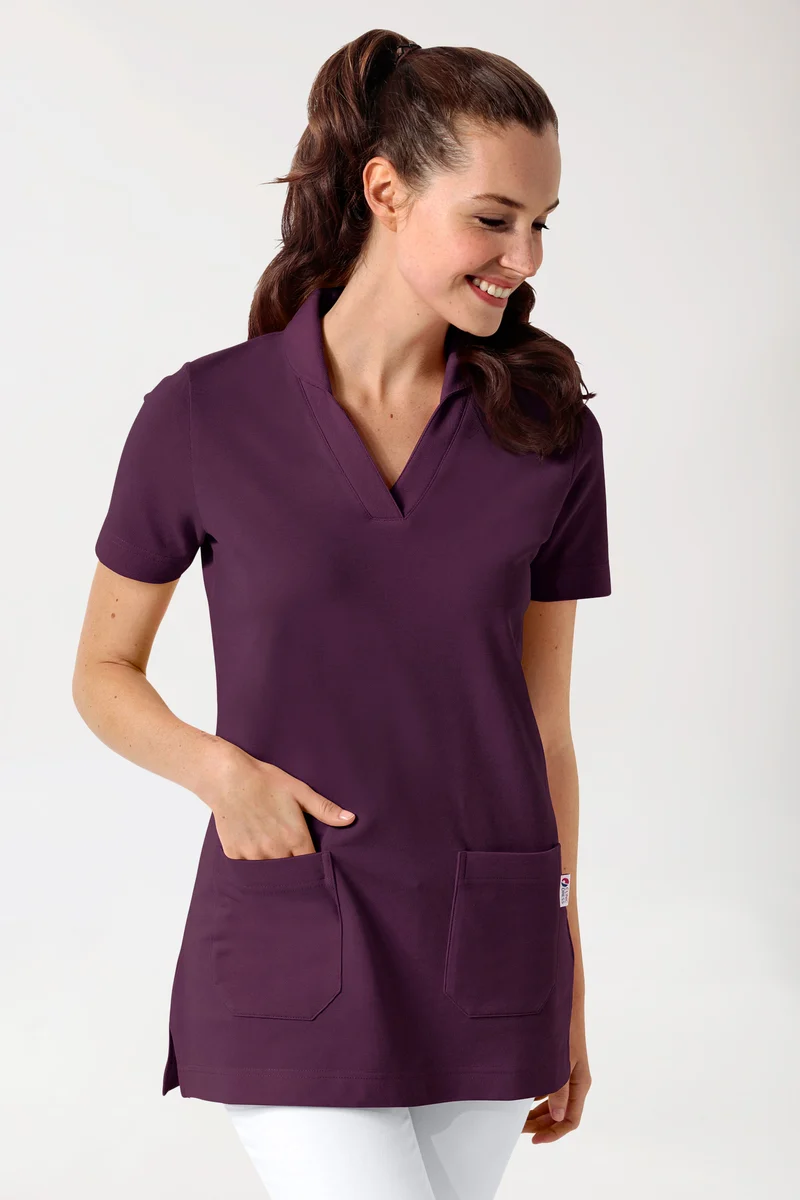 Piqué Longshirt Damen - mit Kragen pflaume