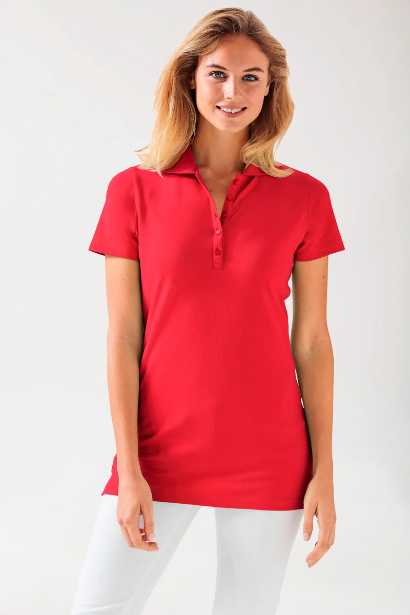 Stretch Longshirt Damen - Polokragen rot