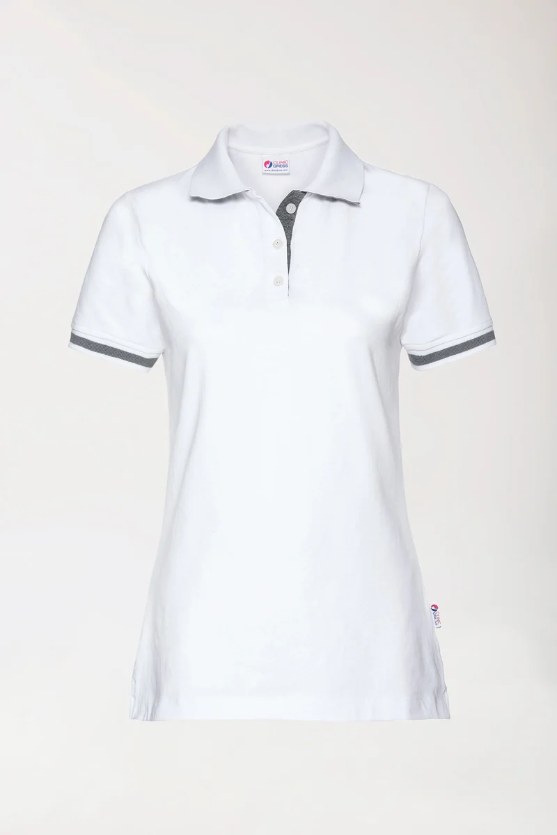 Stretch Shirt Damen - Polokragen weiß/dunkelgrau melange