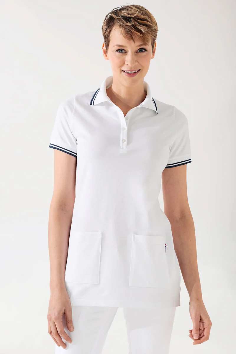 Piqué Longshirt Damen - Polokragen weiß/navy